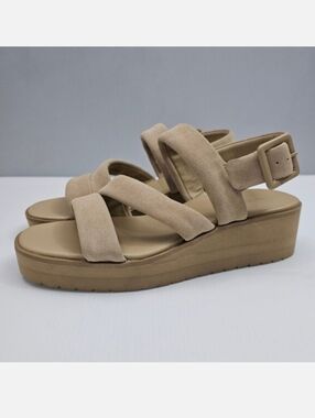 NEW Vince Skylar Platform Sandal Womens 8 Beige Suede Slingback Wedge Neutral